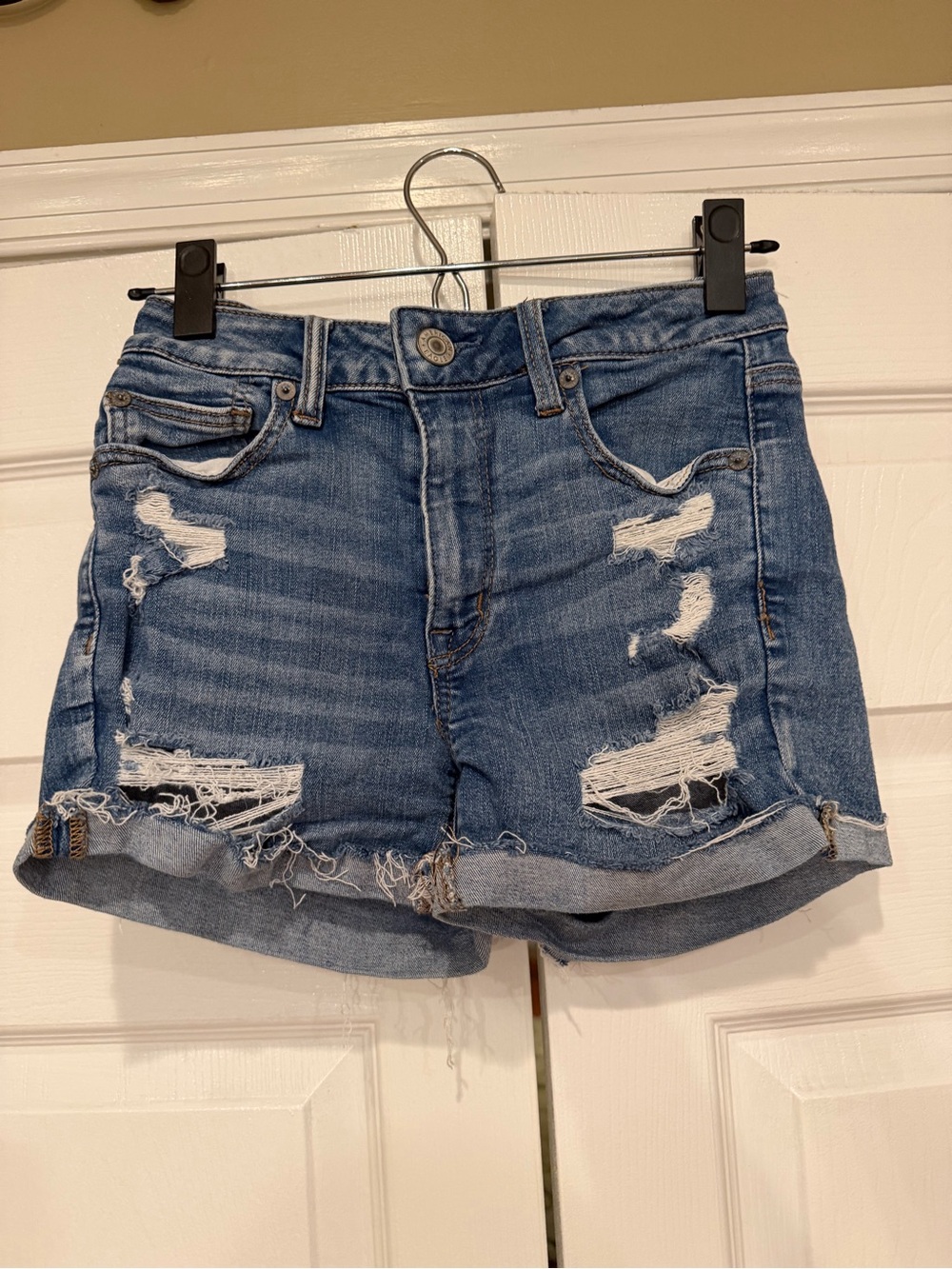 Distressed High-Rise Denim Shorts - Blue